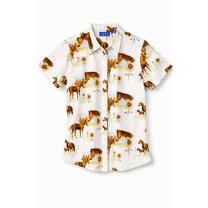 Natural Reflections 90s Western Horse Sunflower Short Sleeve Button Up Blouse